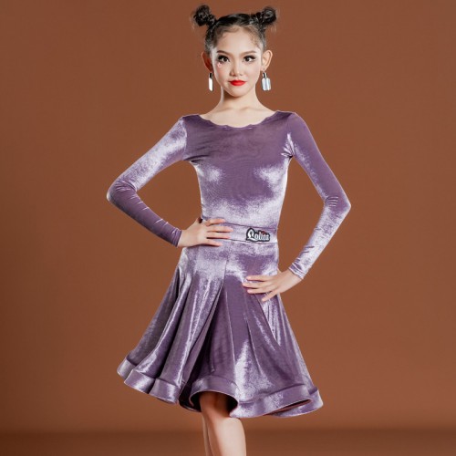 Girls kids silver coffee dark purple velvet ballroom latin dance dresses long sleeves cha cha Salsa rumba Performance outfits for Children